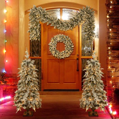 QingMoon 4 Piece Artificial Christmas Tree Set with Garland, Wreath and 2 Whimsical Xmas Trees for Fireplace, Front Porch and Doorways