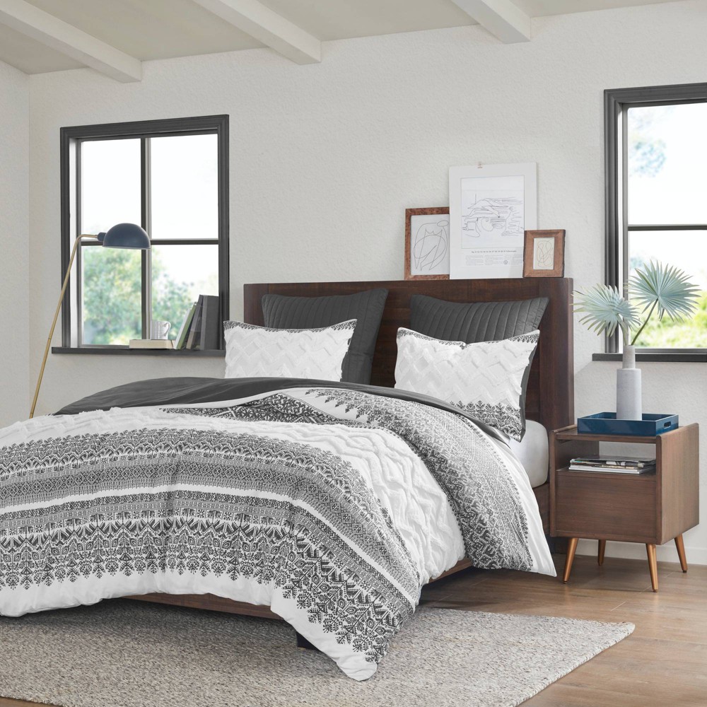 Photos - Bed Linen 3pc Full/Queen Mila Cotton Duvet Cover Set with Chenille Tufting Gray - In