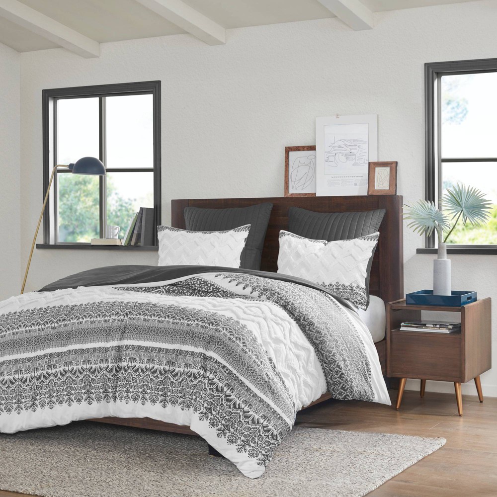 Photos - Bed Linen 3pc King/California King Mila Cotton Duvet Cover Set with Chenille Tufting Gray - Ink+Ivy