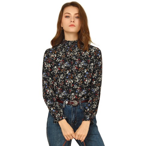 Allegra K Women's Vintage Floral Tie Neck Long Sleeve Ruffled