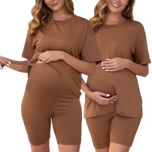 INSPIRE CHIC Women Maternity Set Tie Dye Short Sleeve and Shorts Set Pregnancy Pajama Outfits Bike Shorts - 1 of 4
