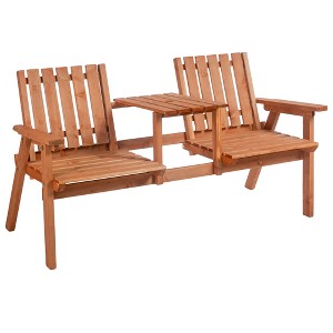 Outsunny Patio Bench, Wood Garden Bench with Center Table & Umbrella Hole, Wooden Outdoor 2 Chair Set, Slatted, Varnished - 1 of 4