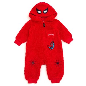 Marvel Avengers Spider-Man Baby Cozy Faux Sherling Zip Up Cosplay Coverall Newborn to Infant - 1 of 4