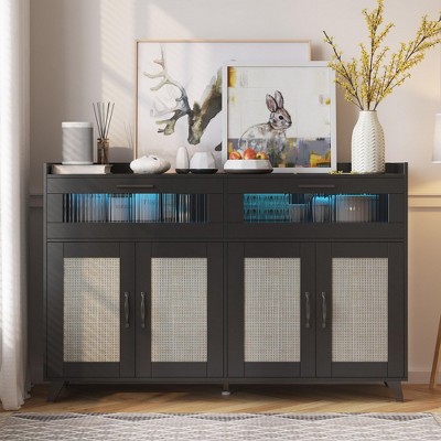 Sideboard Buffet Cabinet With Power Outlet & LED Light, Kitchen Storage Cabinet With 2 Fluted Acrylic Drawers & 4 Rattan Doors