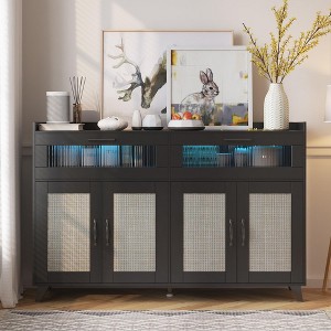 Sideboard Buffet Cabinet With Power Outlet & LED Light, Kitchen Storage Cabinet With 2 Fluted Acrylic Drawers & 4 Rattan Doors - 1 of 4