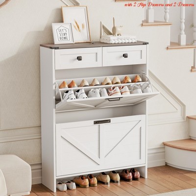 Foyer Shoe Storage Cabinet, Modern Slim Shoe Cabinet w/ 2 Flip Drawers and 2 Drawers, Freestanding Shoe Organizer w/ Anti-Tipping Device