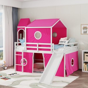 Zeus & Ruta Full Size Loft Bed with Slide Pink Tent and Tower - 1 of 4
