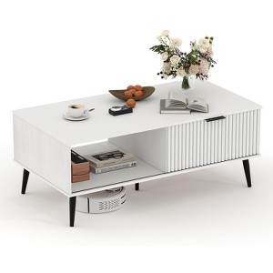 GustoWave Modern Coffee Table, 2-Tier Wooden Dining Center Tables with Storage & Sliding Wave Pattern Door - 1 of 4