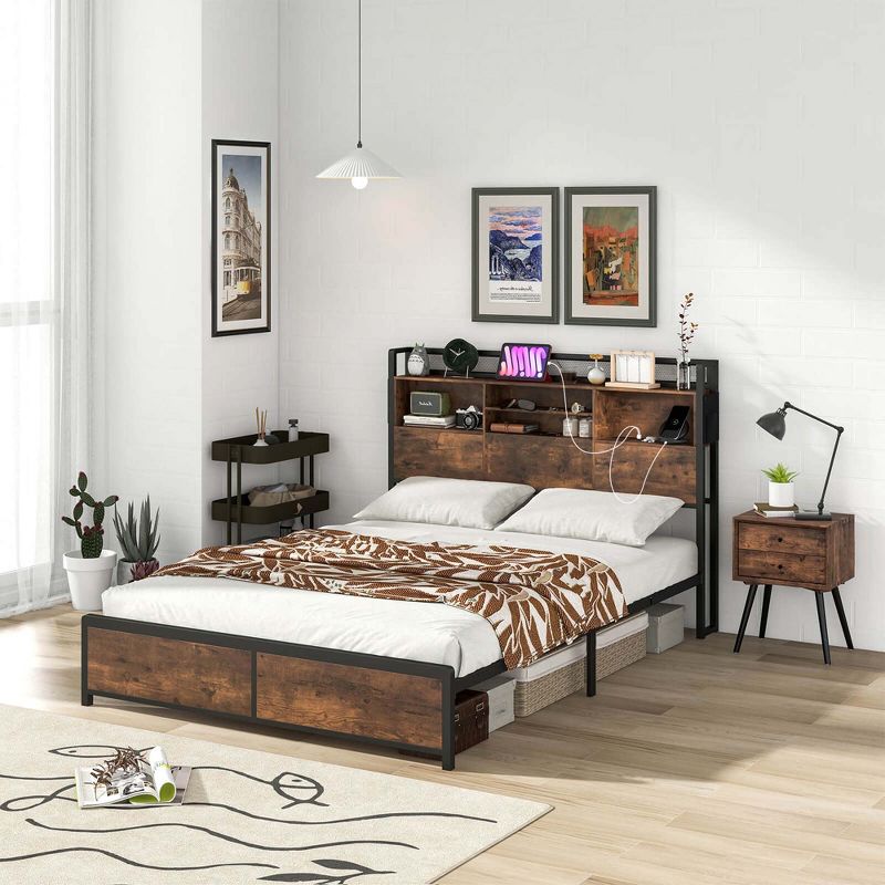 Costway Full/Queen Size Bed Frame with Storage Headboard and Charging Station Vintage Brown, 5 of 11