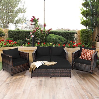 5-Piece Black Wicker Outdoor Conversation Set with Cushions