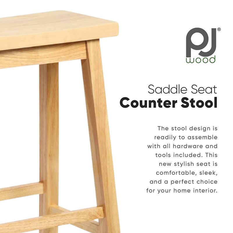 PJ Wood Classic Saddle-Seat 29 Inch Tall Kitchen Counter Stool for Homes, Dining Spaces, and Bars w/ Backless Seat, 4 Square Legs, Natural, 2 of 7