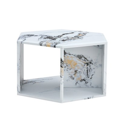 FURNIinspire Coffee Tables Hexagonal MDF Coffee Table with Pattern Stickers and Multi Hole Design for Living Room Bedroom, White, 25"*21.6"*14"
