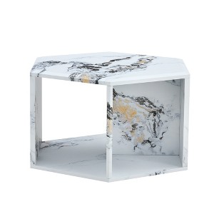 FURNIinspire Coffee Tables Hexagonal MDF Coffee Table with Pattern Stickers and Multi Hole Design for Living Room Bedroom, White, 25"*21.6"*14" - 1 of 4