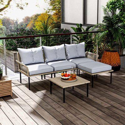 Light Gray 5-Piece Rattan Patio Furniture Set with Cushions