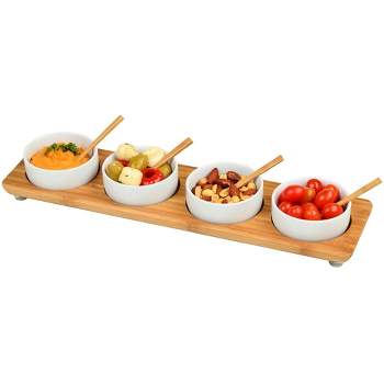 Picnic at Ascot Bamboo Entertaining Set with 4 Ceramic Bowls in Line