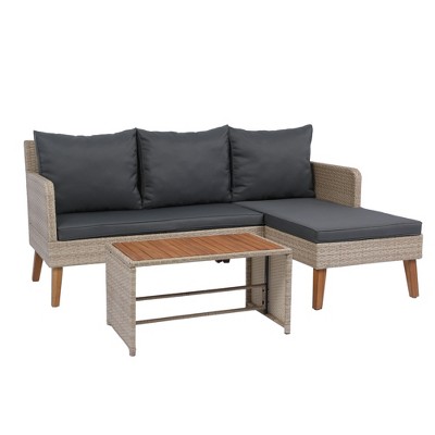 3 Piece Outdoor Patio Furniture Set, All-Weather PE Wicker Rattan Sectional Sofa Conversation Set With Table For Balcony Patio Backyard Porch Poolside