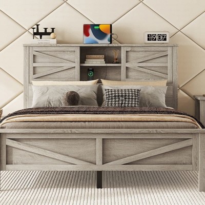 Full Size Farmhouse Platform Bed with Headboard Storage, Rustic Frame with Sliding Barn Doors and USB Charging Station