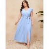 Plus Size Women's Flowy Ankle-Length Dress - wrap V-Neck, Flutter Sleeves and Side Slit with Waist Tie - 4 of 4