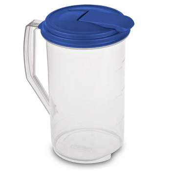 Sterilite 2 Qt Round Pitcher, Spout and Handle for Easy Pouring of Water of Juice, Plastic, Dishwasher Safe, Plastic, Clear with Blue Lid, 18-Pack