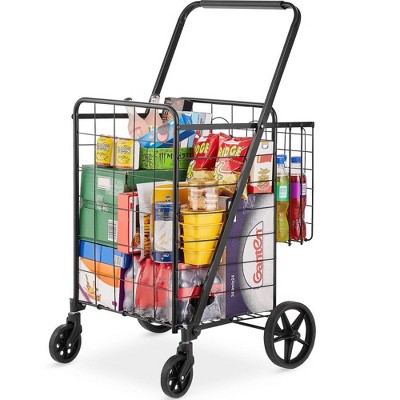 SKRAN Folding Shopping Cart, Jumbo Grocery Utility Cart with Double Baskets, Grocery Cart with Wheels for Shopping Groceries Laundry Storage Organizer