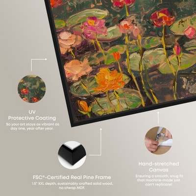 Colorful Impressionist Water Lilies Canvas Print with Black Frame