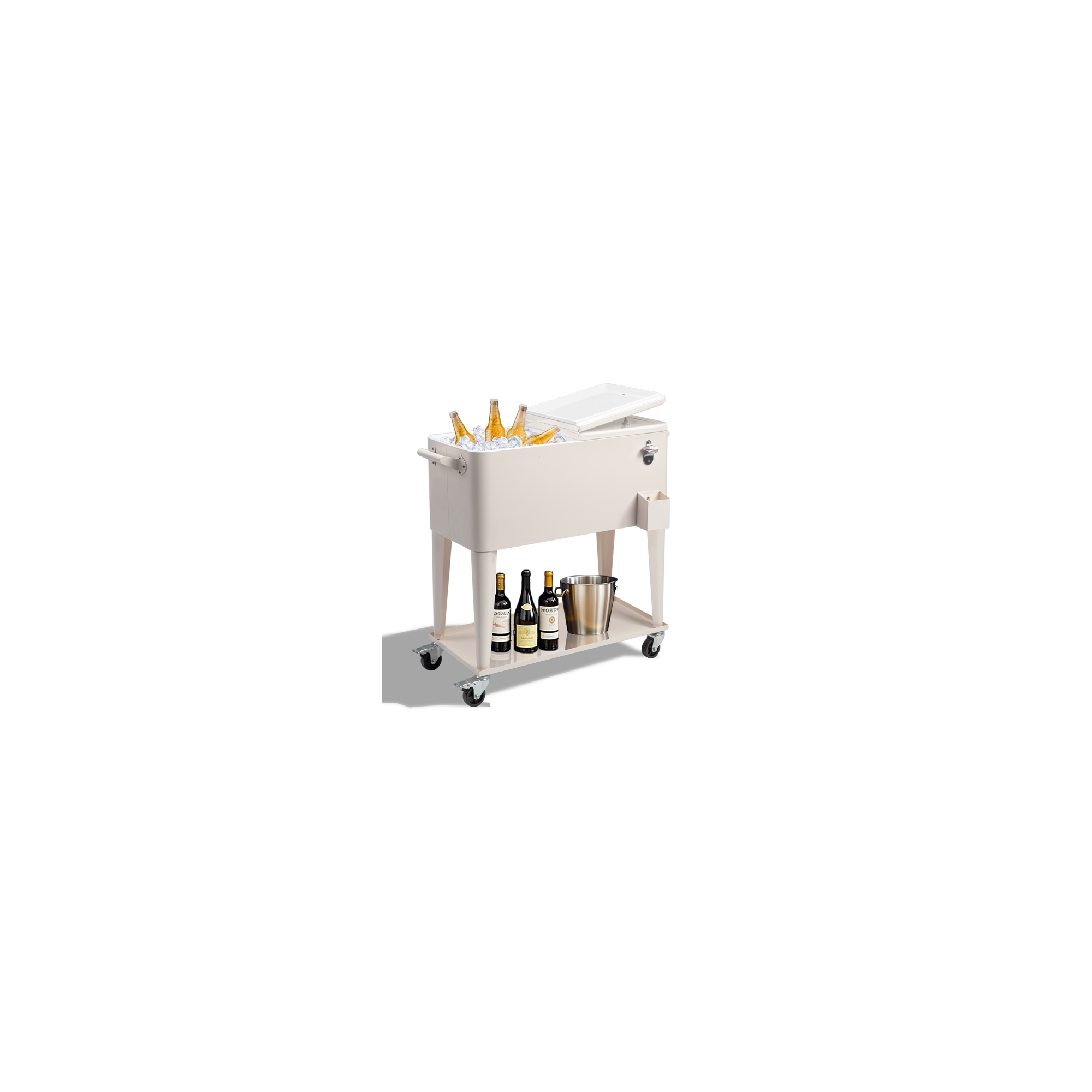 80QT Rolling Cooler Cart with Wheels, Outdoor Patio Cooler with Shelf, Bottle Opener and Drain Plug, Keeps Cold 48 Hours, Milk White