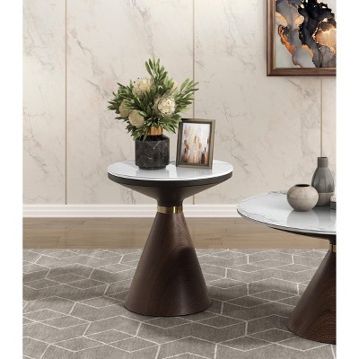 NicBex Luxury Round Coffee Table with White Sintered Stone Top,Oak Finish Wood with Gold-Tone Metal Accents,Living Room Furniture