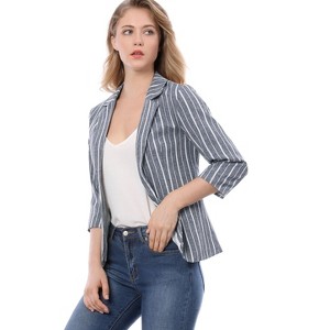 Allegra K Women's Striped 3/4 Sleeves Open Front Casual Notched Lapel Blazer - 1 of 4