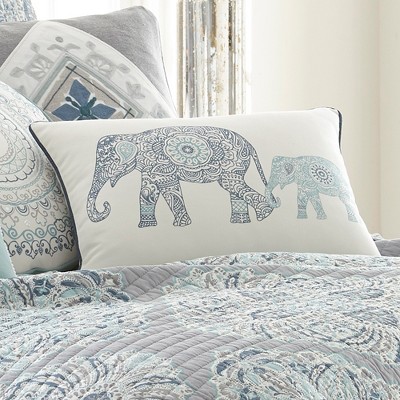 White and Blue Cotton Elephant Pattern Rectangular Throw Pillow