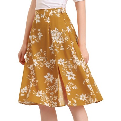 Allegra K Women's High Elastic Waist Belted Slit A-Line Midi Floral Print Skirt