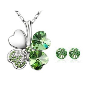 Gold Plated Crystal Heart Shaped Four Leaf Clover Pendant Necklace and Stud Earrings Jewelry Set - 1 of 1