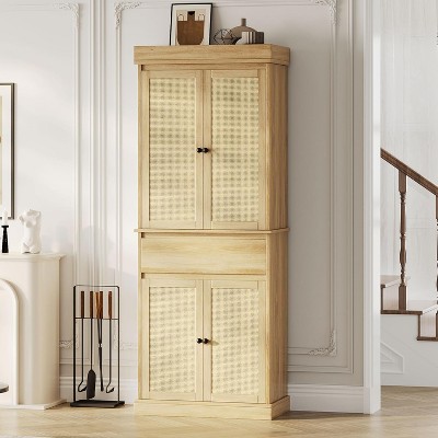 Tall Rattan Kitchen Pantry Storage Cabinet with Doors and Adjustable Shelves, 69" Freestanding Cupboard Cabinet with Drawer for Home, Office Natural