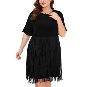 Whizmax Women's Plus Size Fringe Trim Half Sleeve Round Neck Tee Top Long Tassel T Shirt - 1 of 4