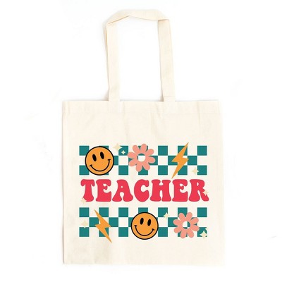 City Creek Prints Retro Teacher Checkered Canvas Tote Bag - 15x16 - Natural