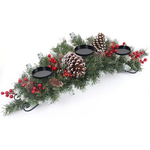 30" Christmas Table Centerpiece with 3 Candle Holders, Red Berries, Pine Cones and Steel Base Included - 1 of 4