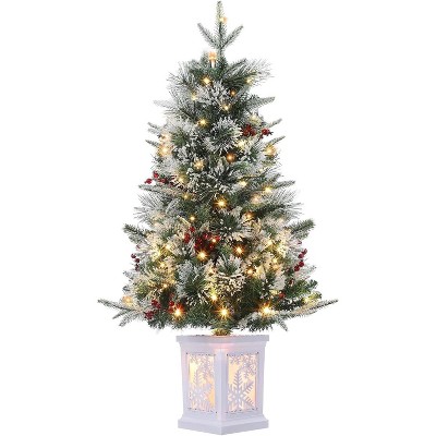 Artificial Christmas Tree Pre-Lit Christmas Tree with Snowflakes and Red Berries, Christmas Tree with White Elk Base for Home, Porch, Office