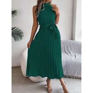 Women's Summer Sleeveless Halter Neck Pleated Midi Cocktail Dresses A Line Flowy Beach Sun Dress with Belt - 1 of 4