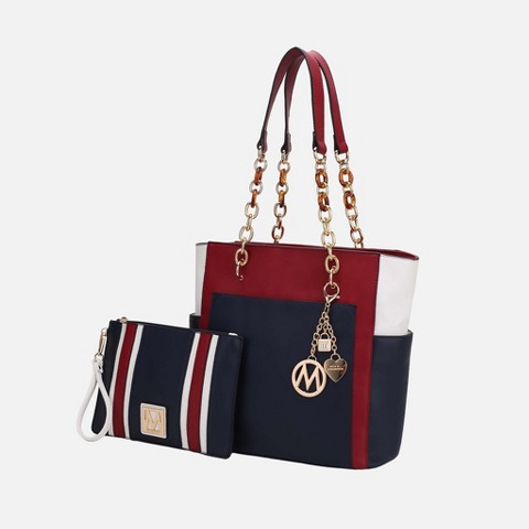 MKF Collection Rochelle Vegan Color Block Vegan Leather Women’s Tote Bag with Wristlet by Mia K - Wine Navy