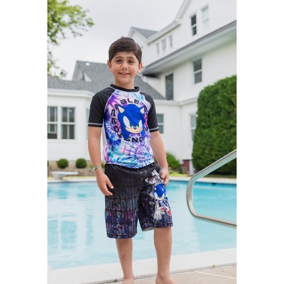 Sonic the Hedgehog SEGA Knuckles Sonic The Hedgehog Tails Little Boys Rash Guard and Swim Trunks Outfit Set Black / Purple 5-6 — фото 2