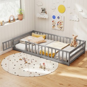 Costway Twin Size Floor Bed with Door & Fence with Safety Guardrails & Slats Support Gray/White/Mint Sky/Icy Aqua/Pink/Beige - 1 of 4