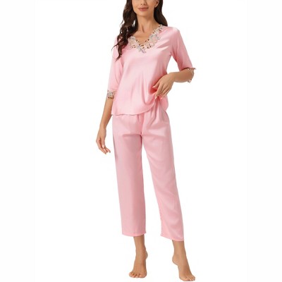 cheibear Women's Satin Half Sleeve Lace Trim Top with Long Pants 2 Piece Sleepwear Sets