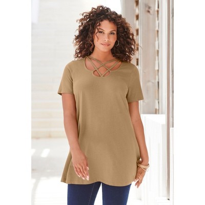 Roaman's Women's Plus Size Lattice Neck Short Sleeve Ultimate Tunic