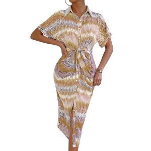 Women Summer Casual Dress Short Sleeve Lapel Neck Button Front Striped Midi Dresses T Shirt Dress with Belt - 1 of 4