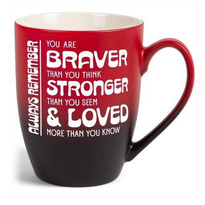 Elanze Designs Inspirational Quote Coffee Cup Mug 12 Ounce Ceramic With Ombre Gradient Braver Than You Think Red and Black