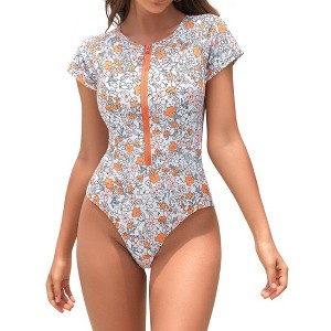 Womens One Piece Zip Front Swimwear Cap Sleeve Zipper Rashguard Scoop/V Neck One Piece Floral Swimsuits Short Sleeve Bathing Suit - 1 of 4