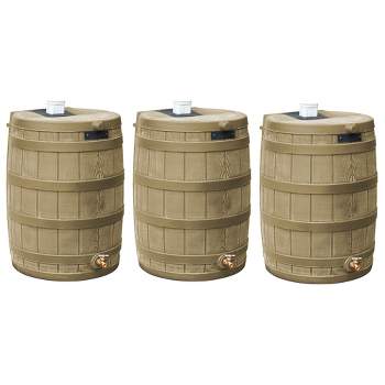 Good Ideas Rain Wizard 50 Gallon Plastic Outdoor Home Rain Barrel Water Storage Collector with Brass Spigot and Flat Back Design, Khaki (3 Pack)