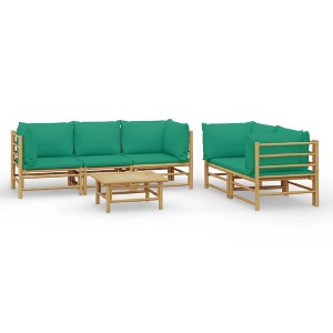 vidaXL Patio Furniture Set - 6-Piece Modular Sectional Sofa with Green Cushions - Bamboo Outdoor Lounge Set with Table for Garden, Deck, Patio - 1 of 4