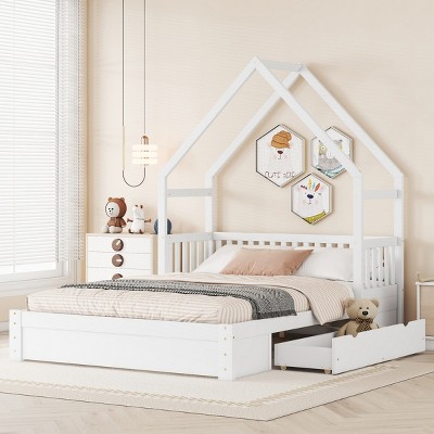 1pc Queen Platform Bed Frame, Solid Wood with Storage Drawers, Guardrail House Style for Kids or Teens Bedroom - Baofuwish
