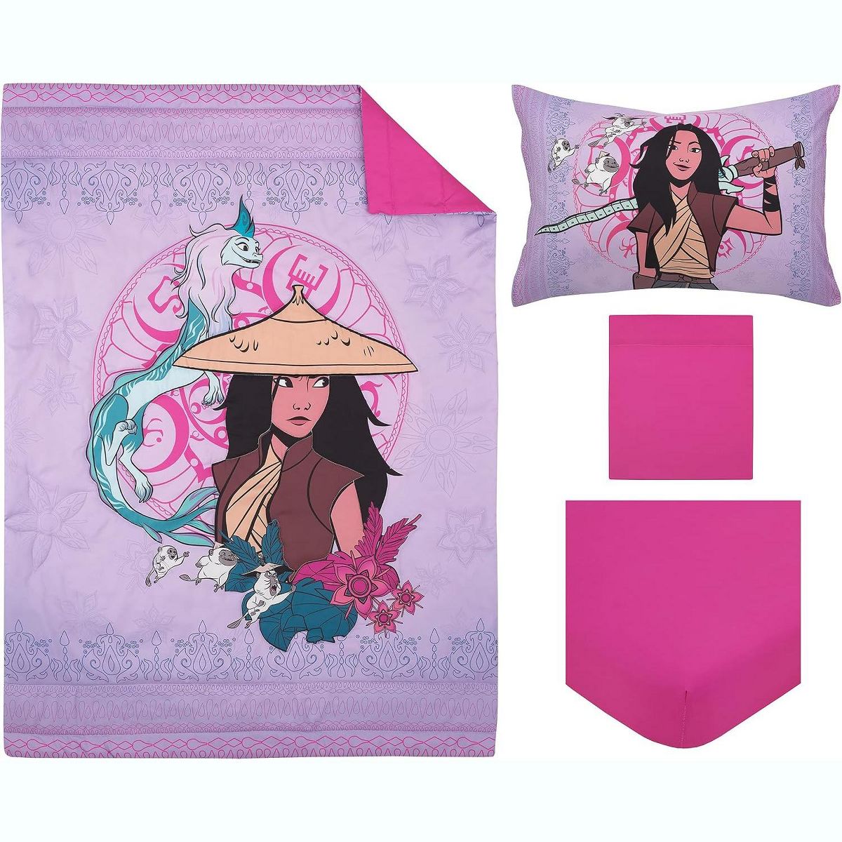 Disney Raya and the Last Dragon 4-Piece Toddler Bedding Set, Comforter, Fitted Sheet, Flat Sheet & Pillowcase, Purple - thumbnail 2