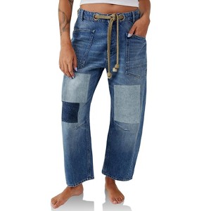 Imily Bela Womens Low Rise Baggy Barrel Horseshoe Wide Leg Patchwork Denim Pants with Pockets - 1 of 4